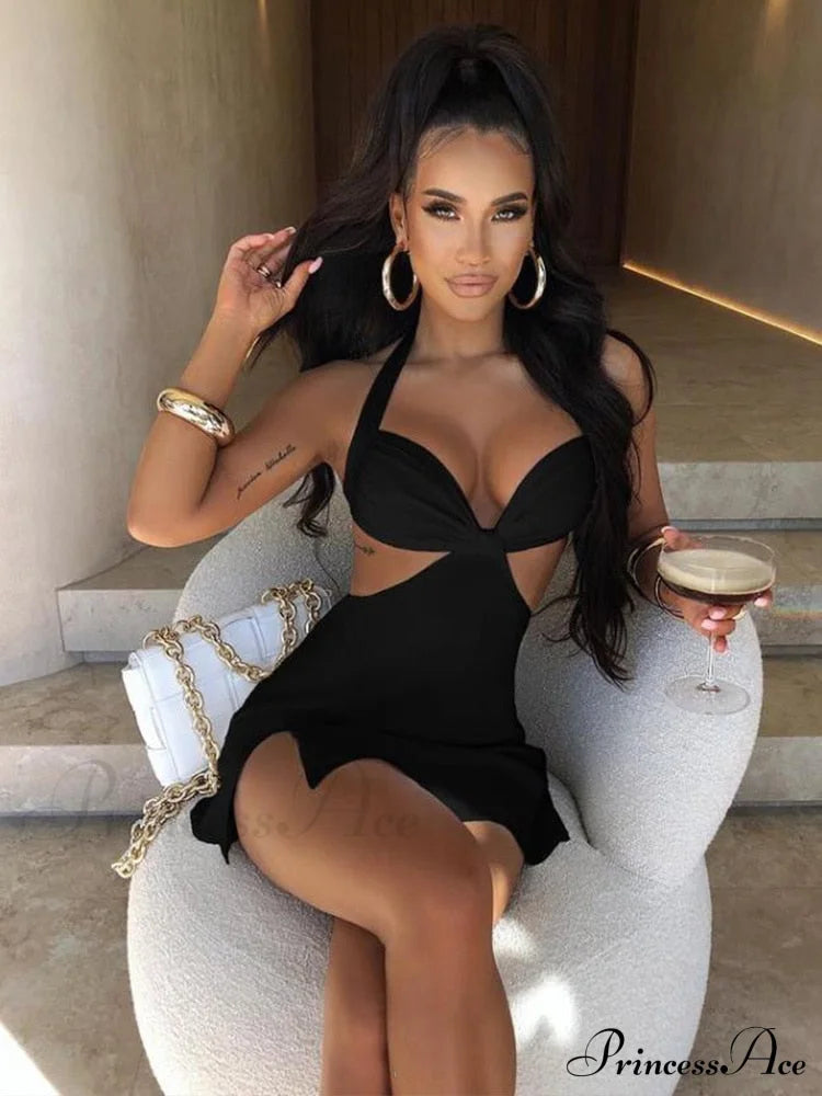 Halter Backless Bandage Women Slim Bodycon Hollow Out Warm-Season Mini Strapless Party Gown Dress
