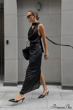 Halter Draped Satin Curvy Maxi Dress