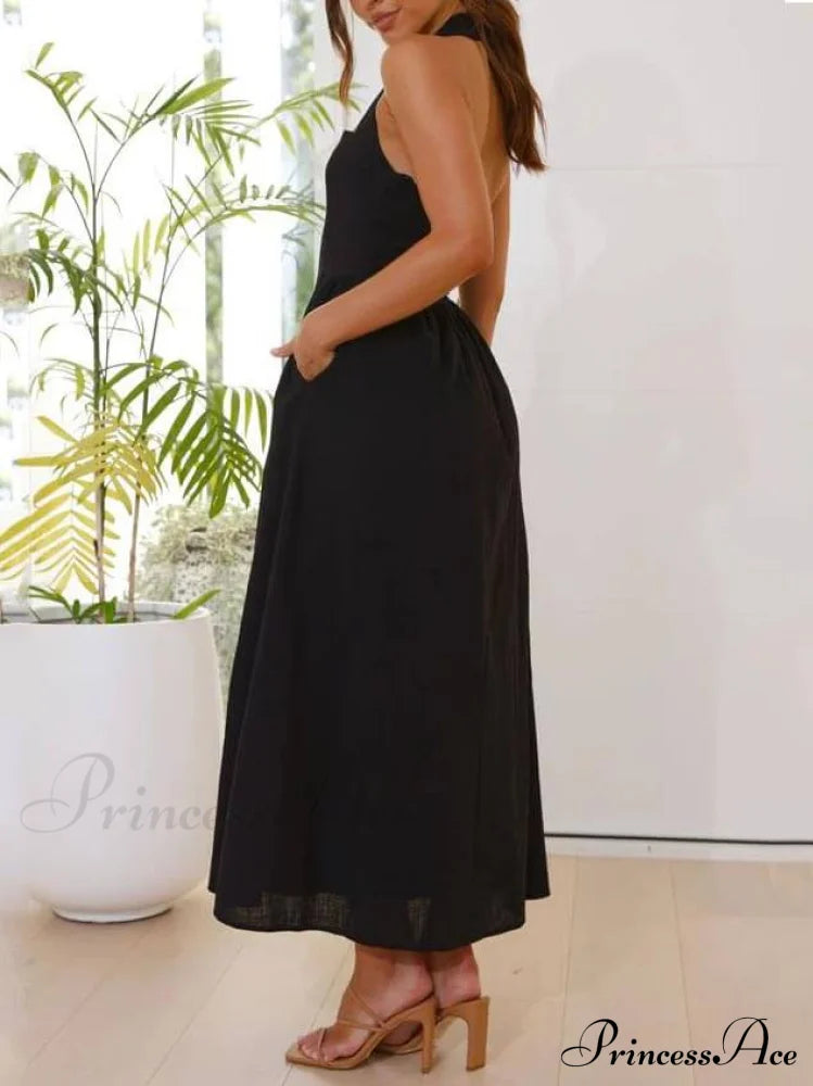 Halter Neck Waist Little Graceful Black Dress Mid Length