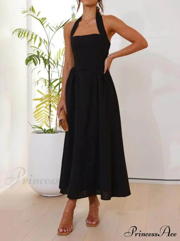Halter Neck Waist Little Graceful Black Dress Mid Length