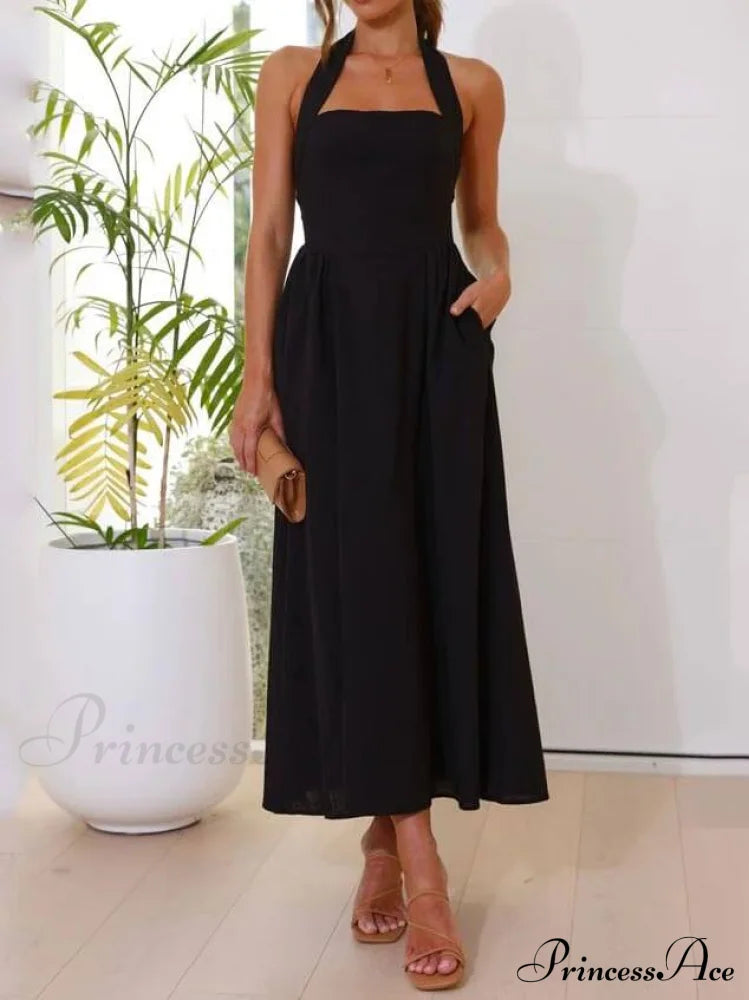 Halter Neck Waist Little Graceful Black Dress Mid Length