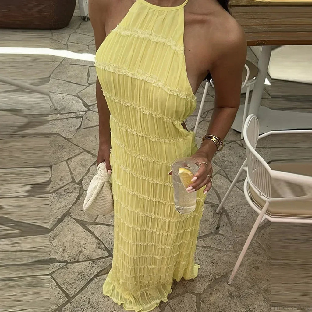 Halter Pleated Boho Vacation Dress