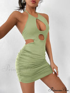 Hanging Neck Lace Up Bodycon Mini Sleeveless Hollow Backless Slim Fit Wrap Hip Cut Out Dress