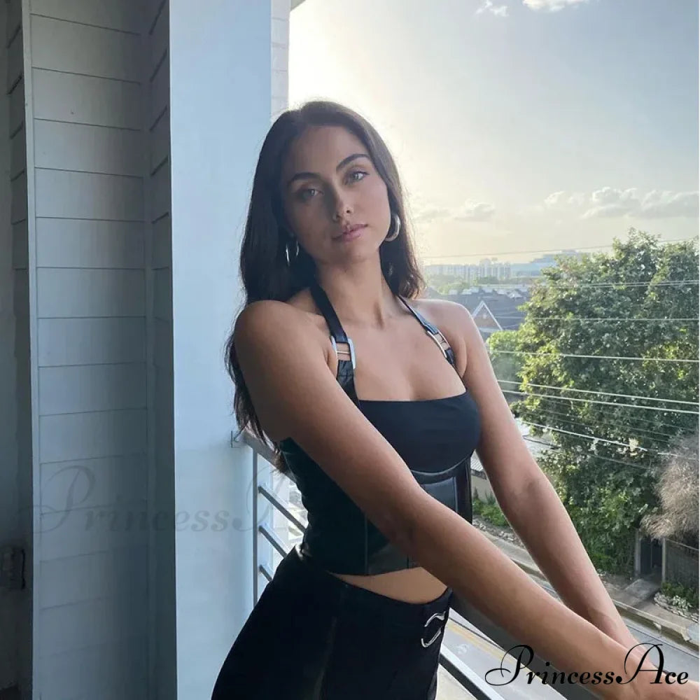 Hanging Neck Black Nightclub Matte Charm High Street Shrink Gather Navel Short Vest Tank Top