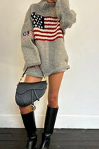 Harajuku Retro Us Flag High Neck Sweater