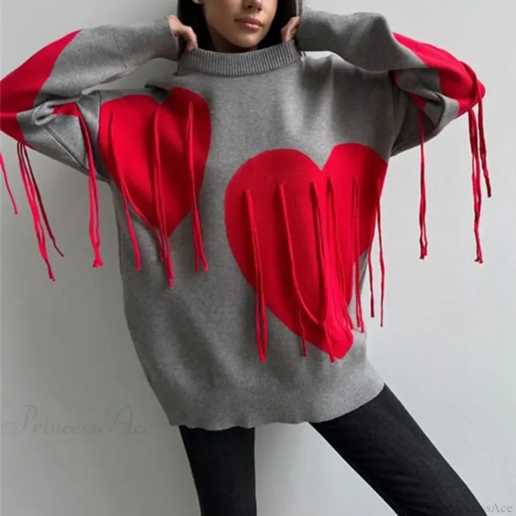 Heart Print O-Neck Long Sleeve Sweater