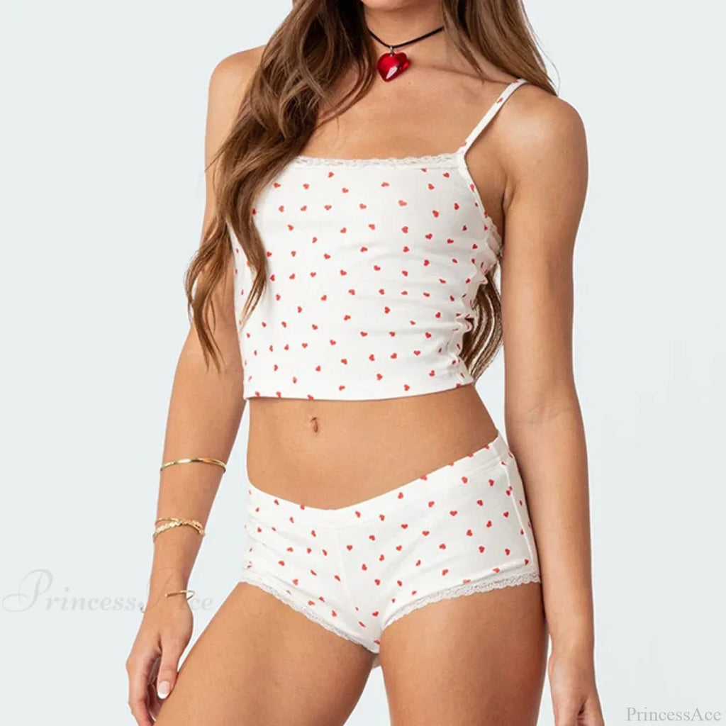 Heart Printed Kawaii Lace Trim Camis Micro Shorts Two Pieces Set