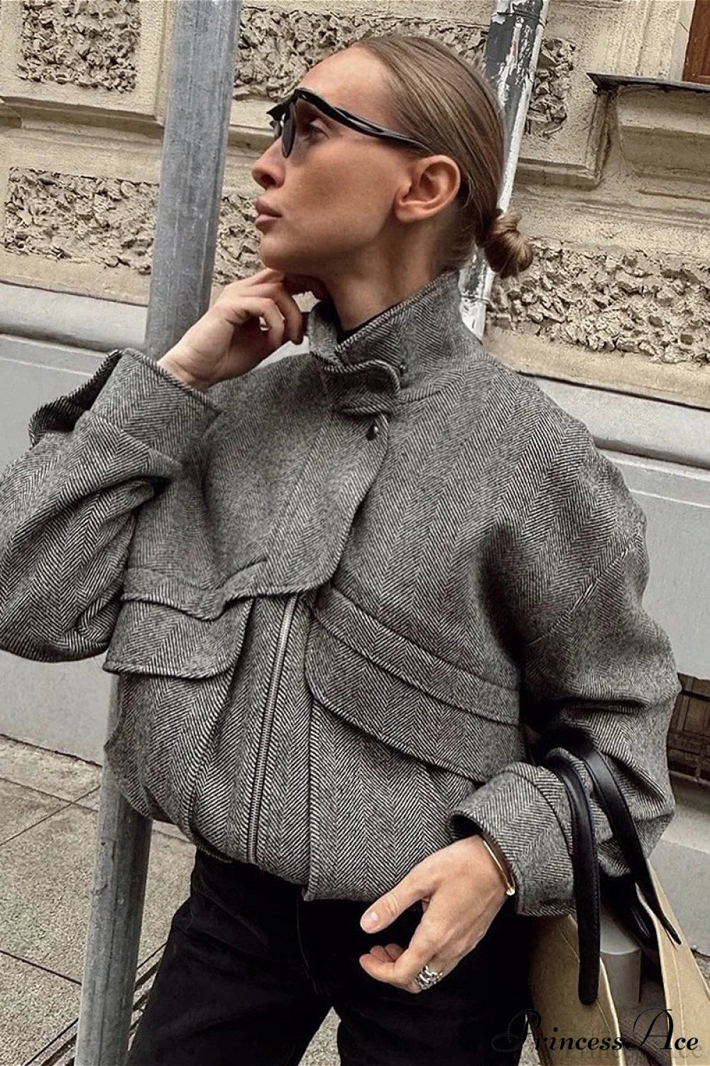 Herringbone Stand Collar Zip Pocket Coat
