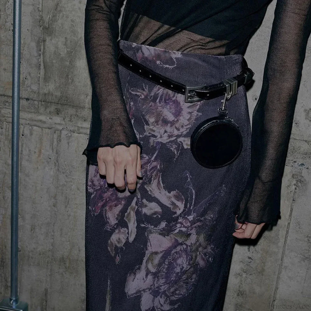 Heyoungirl Vintage Purple Floral Print Slit Autumn Skirt