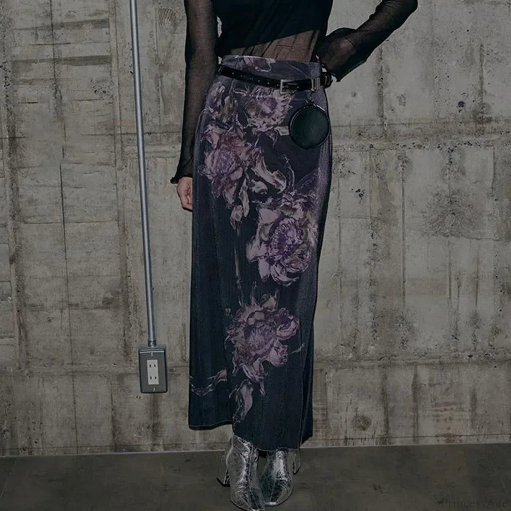 Heyoungirl Vintage Purple Floral Print Slit Autumn Skirt