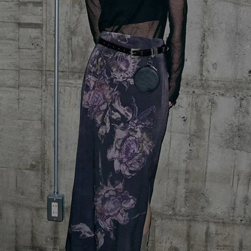Heyoungirl Vintage Purple Floral Print Slit Autumn Skirt