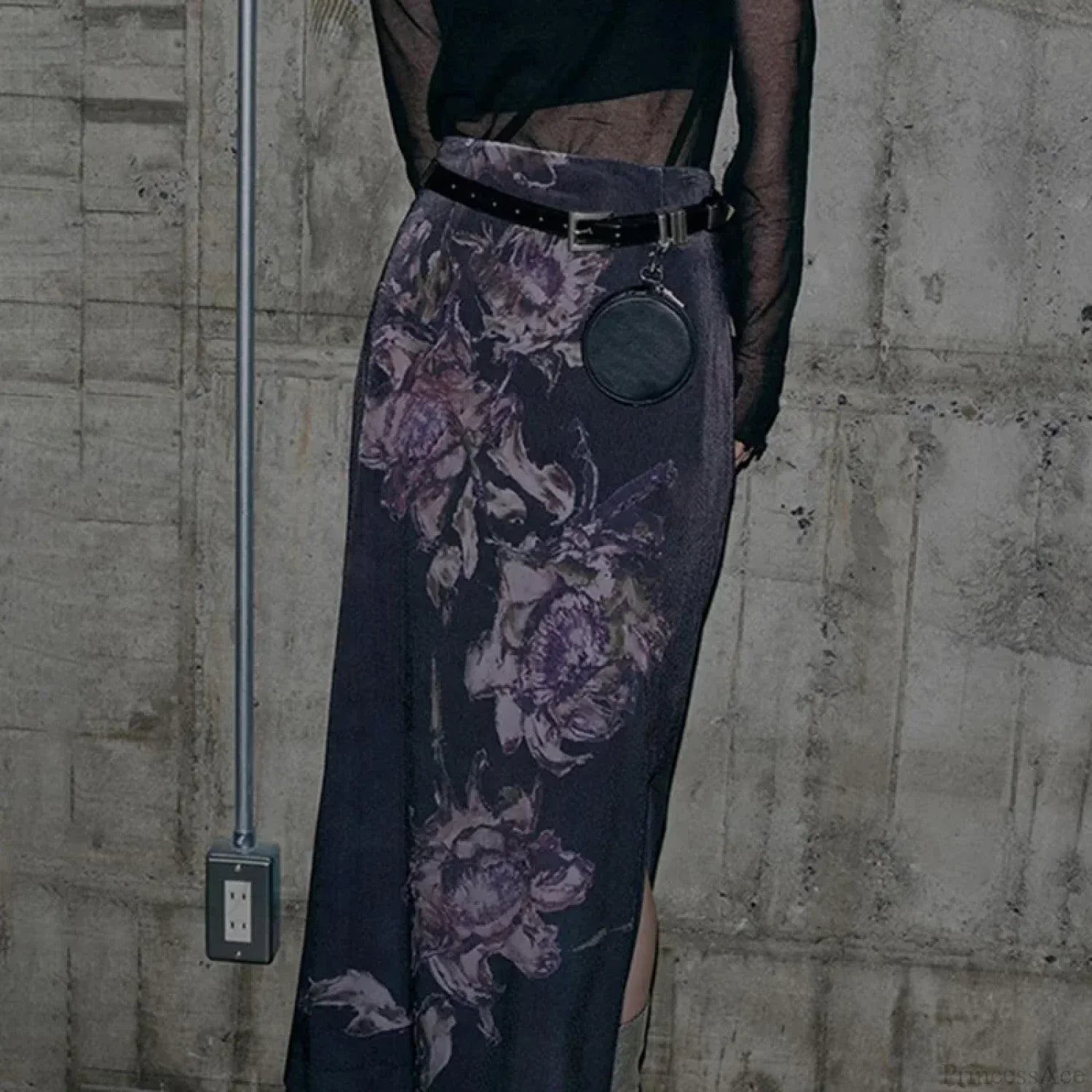 Heyoungirl Vintage Purple Floral Print Slit Autumn Skirt