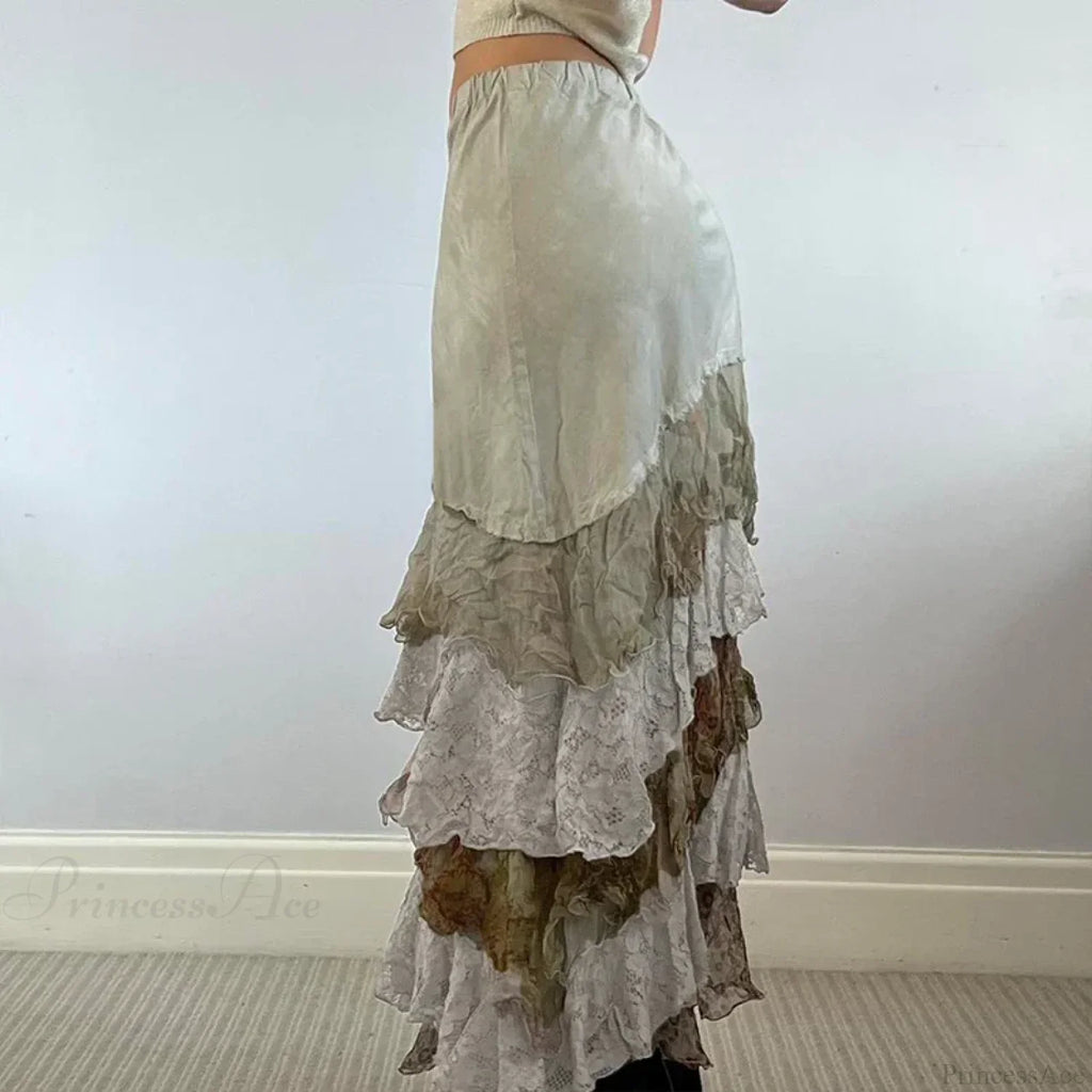 Heyoungirl Y2K Aesthetic Lace Tiered Irregular Skirt Mori Girl