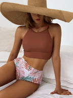 High Neck Solid Print Two Piece Set