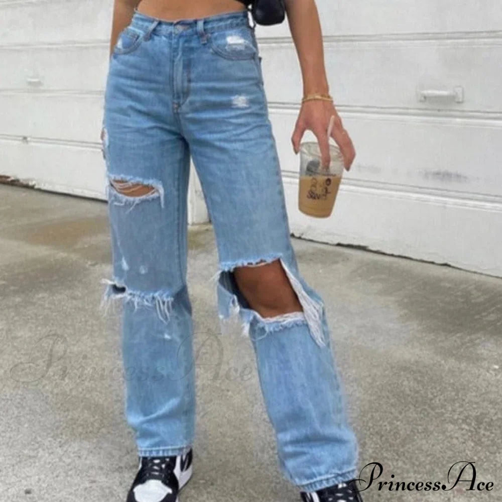 High Straight Leg Baggy Streetwear Waist Pants Jeans Ripped Boyfriend Women Trousers