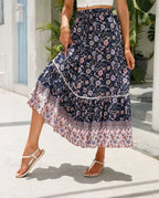 High Waist Floral Beach Skirt A-Line Ruffled Lace Holiday Maxi