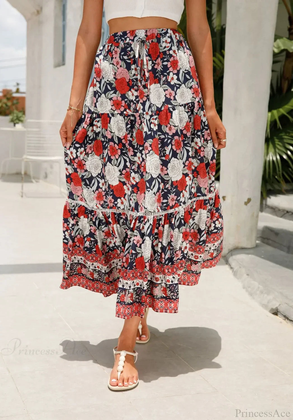 High Waist Floral Beach Skirt A-Line Ruffled Lace Holiday Maxi