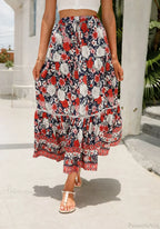High Waist Floral Beach Skirt A-Line Ruffled Lace Holiday Maxi