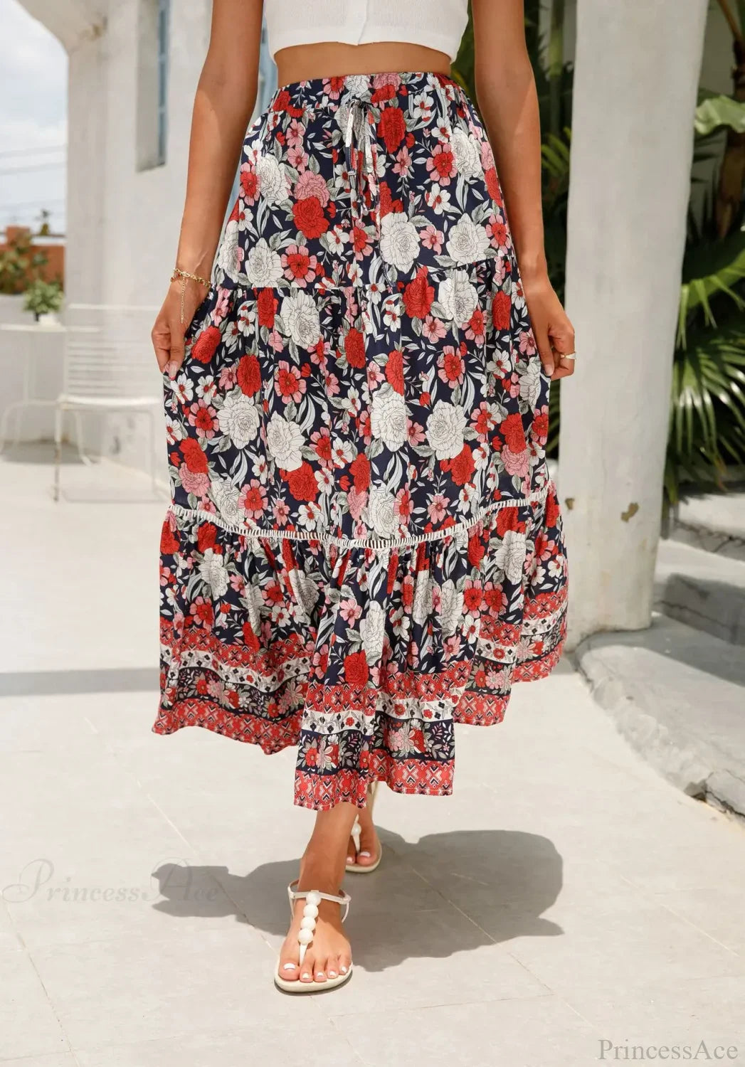 High Waist Floral Beach Skirt A-Line Ruffled Lace Holiday Maxi