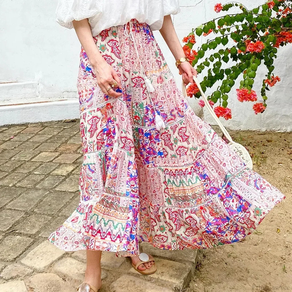 High Waist Floral Beach Skirt Lace Patchwork Cotton Maxi
