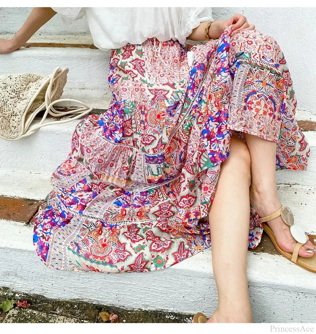 High Waist Floral Beach Skirt Lace Patchwork Cotton Maxi
