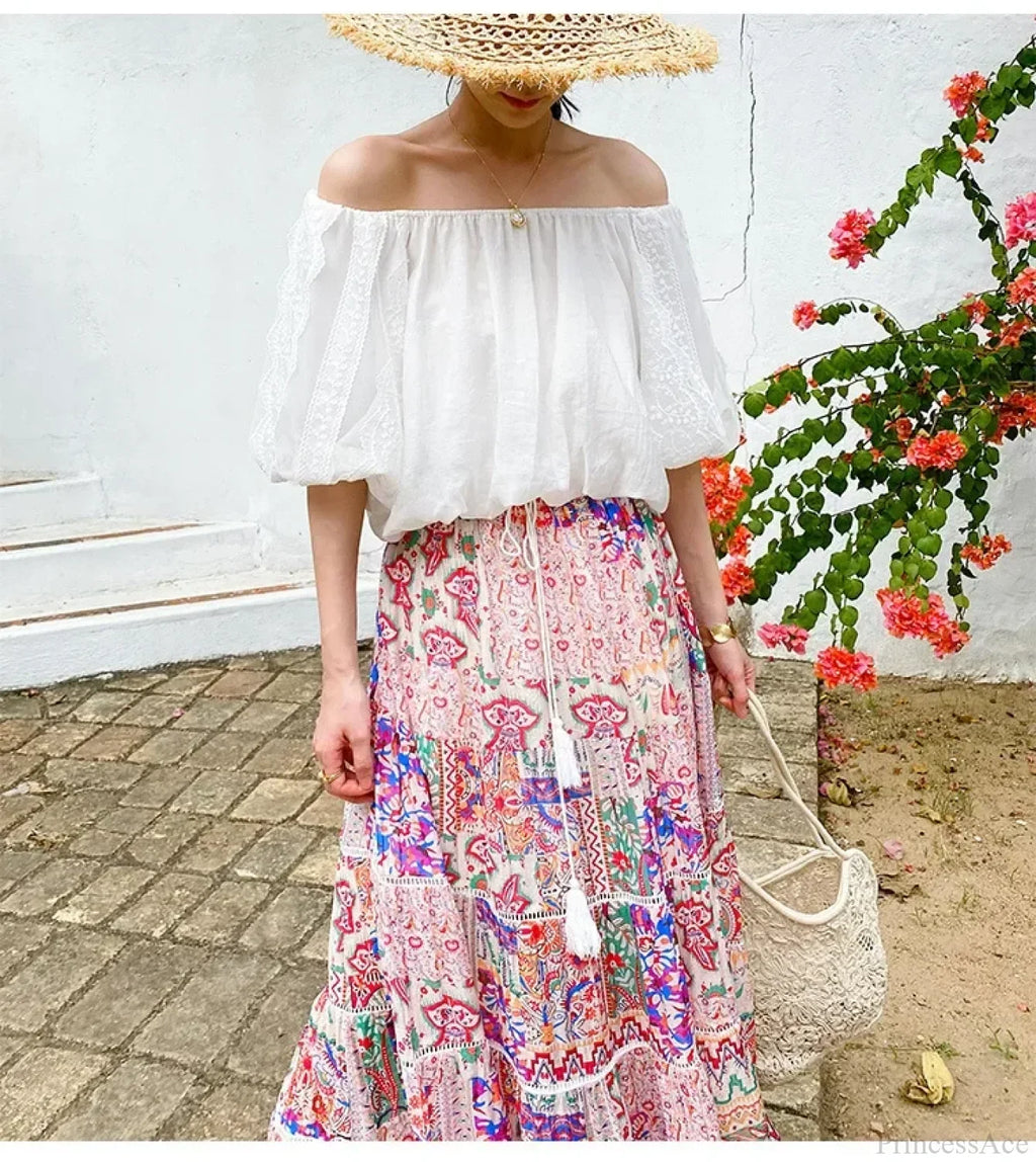 High Waist Floral Beach Skirt Lace Patchwork Cotton Maxi