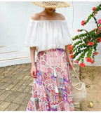 High Waist Floral Beach Skirt Lace Patchwork Cotton Maxi