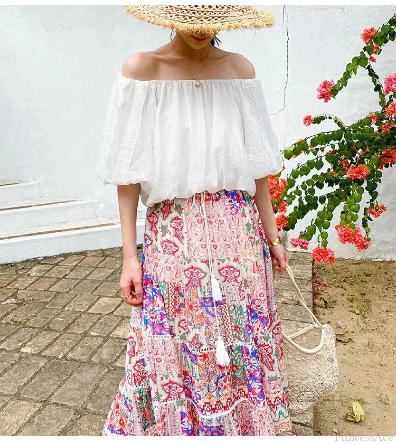 High Waist Floral Beach Skirt Lace Patchwork Cotton Maxi
