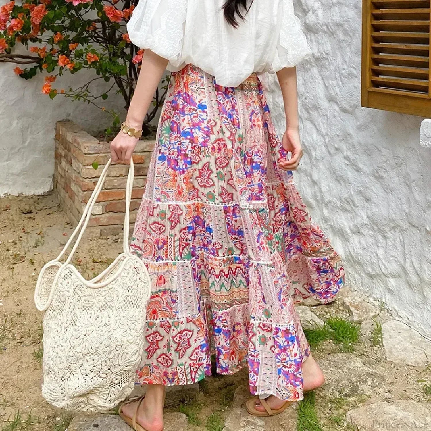 High Waist Floral Beach Skirt Lace Patchwork Cotton Maxi