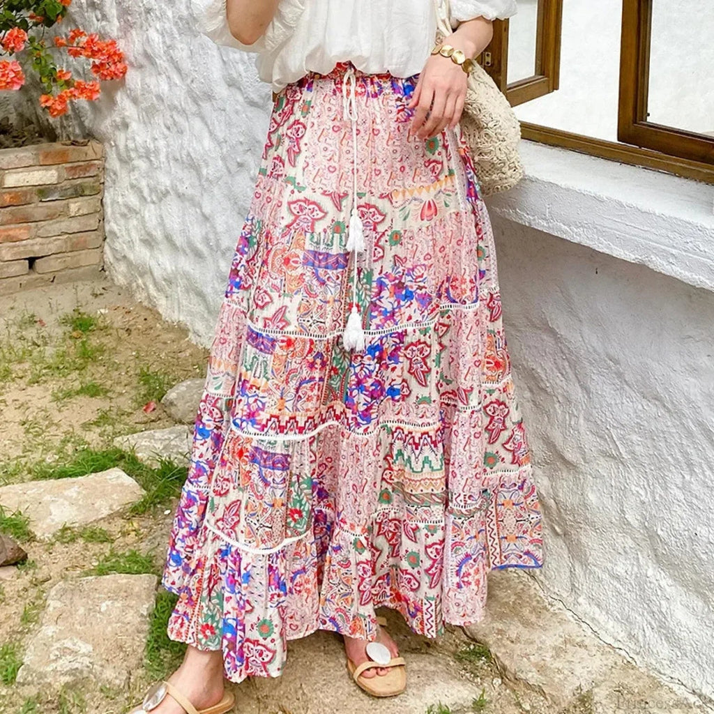 High Waist Floral Beach Skirt Lace Patchwork Cotton Maxi