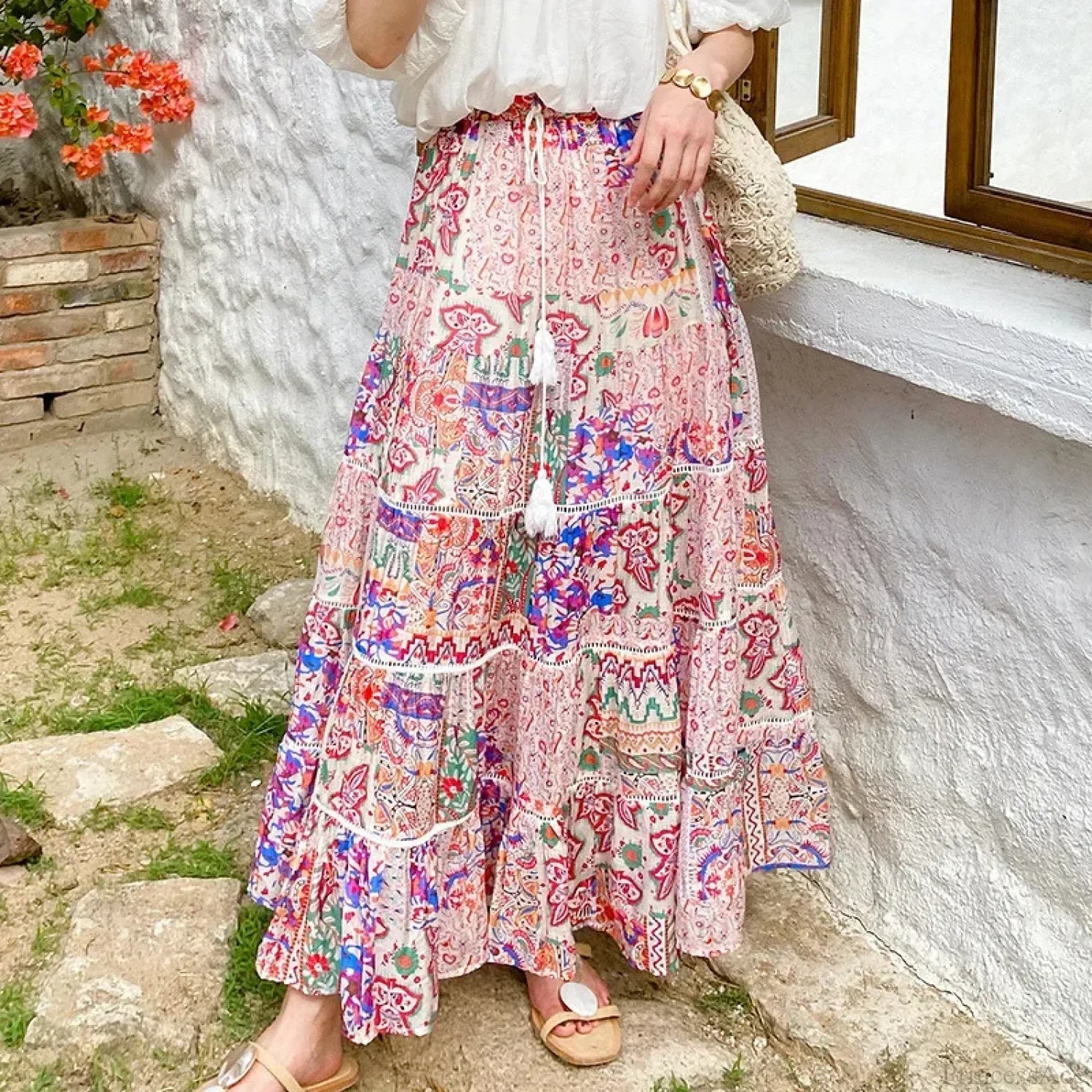 High Waist Floral Beach Skirt Lace Patchwork Cotton Maxi