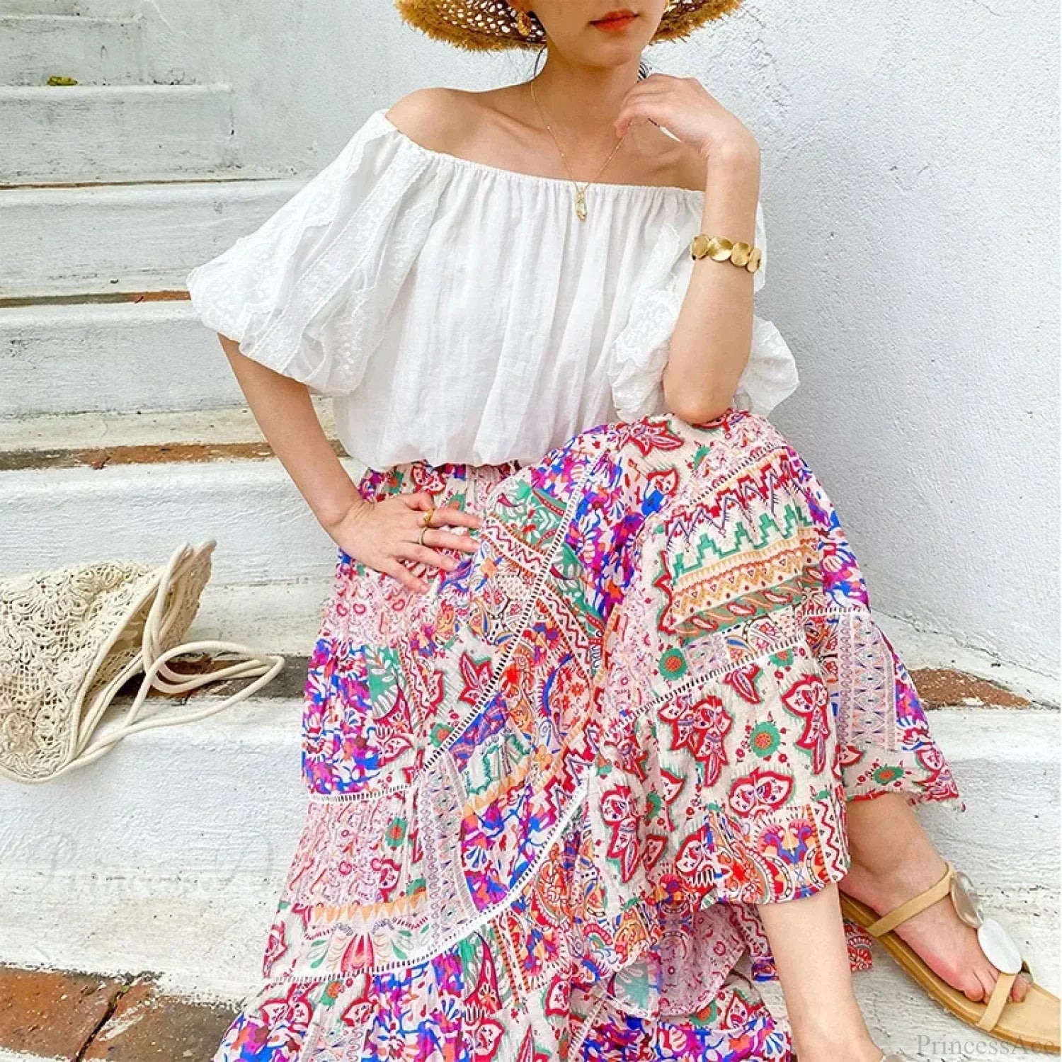 High Waist Floral Beach Skirt Lace Patchwork Cotton Maxi