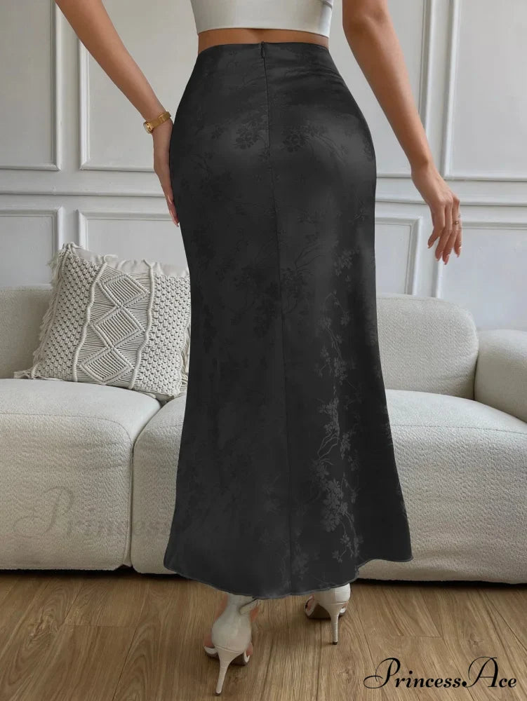 High Waist Jacquard Satin A-Line Skirt