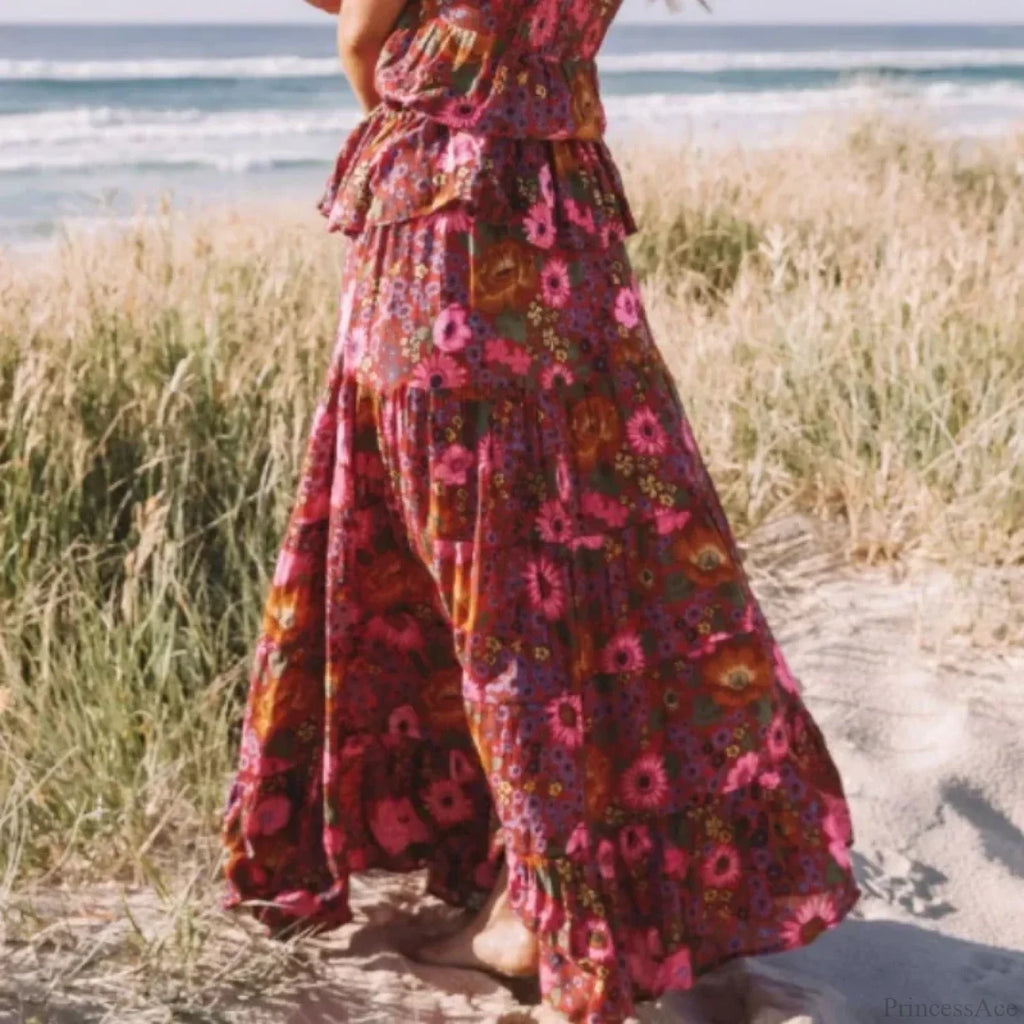 Hippie Women Beach Bohemian Red Floral A-Line Boho Skirt