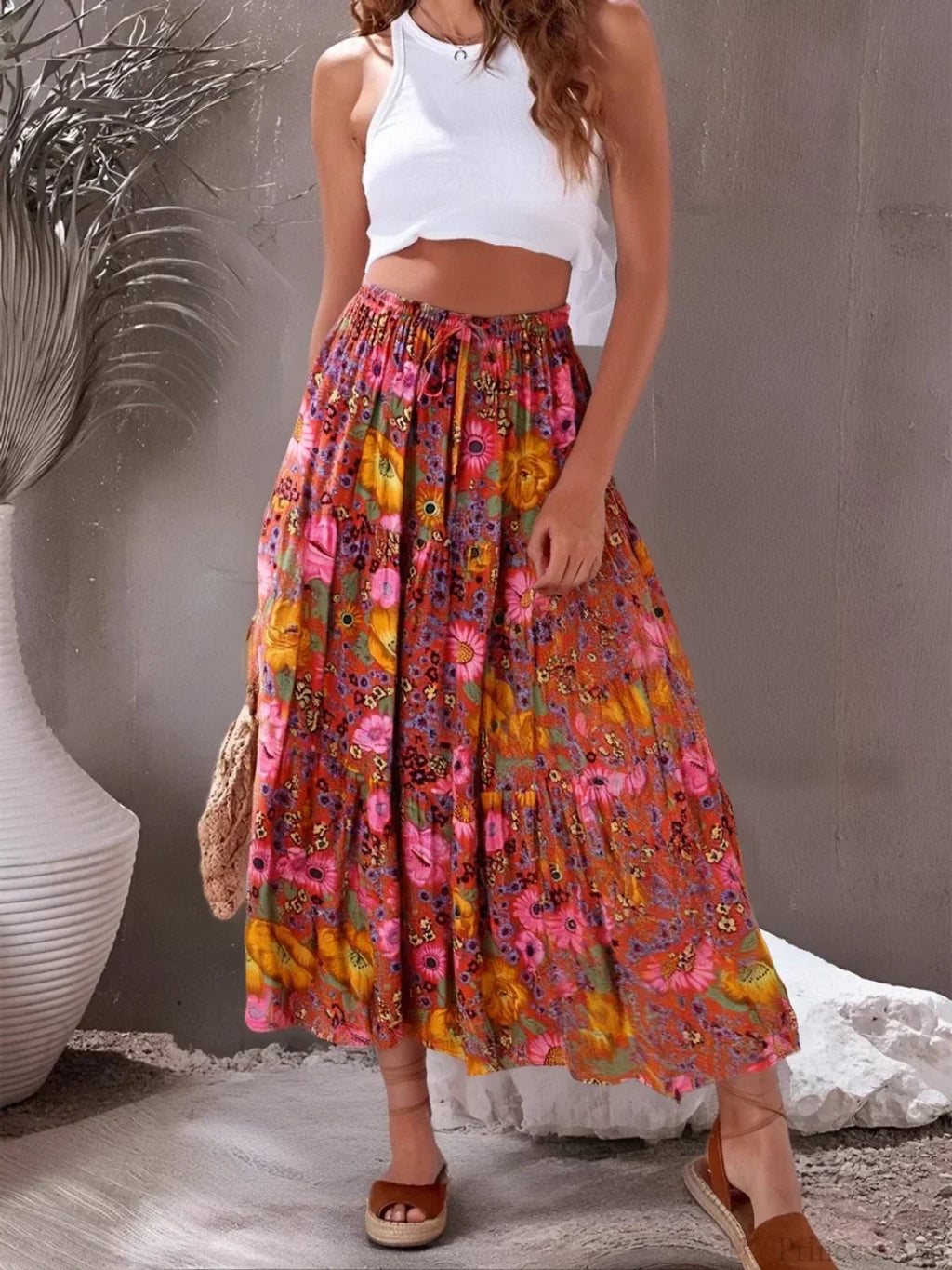 Hippie Women Beach Bohemian Red Floral A-Line Boho Skirt