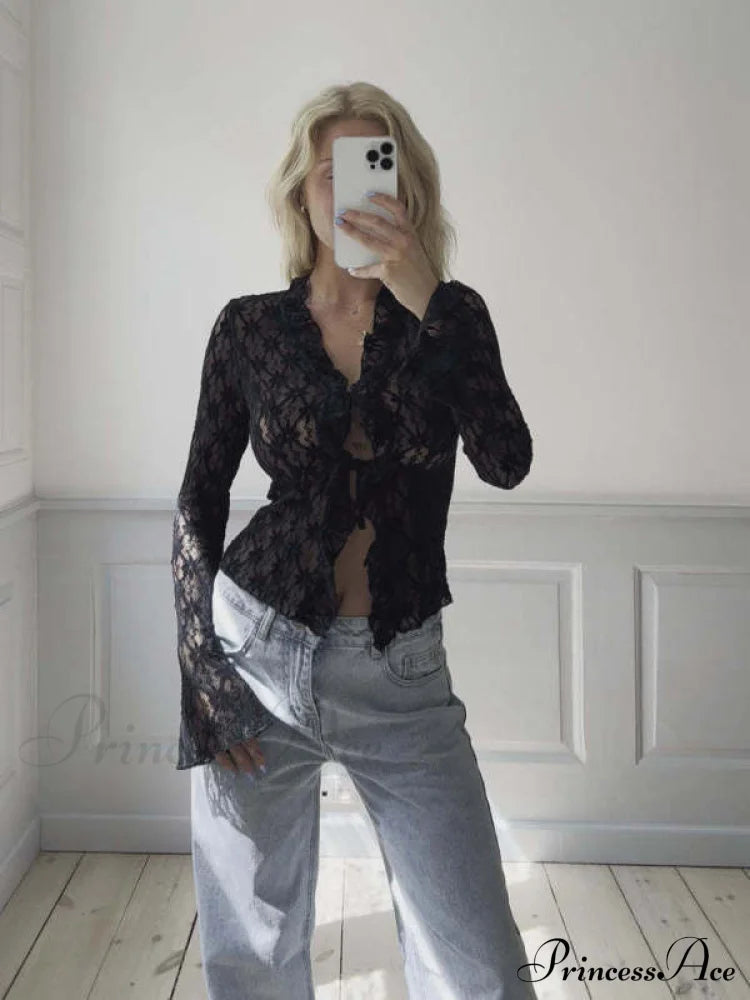 Hollow See-Through Mesh Long-Sleeved Lace Top/Cardigan/Blouse