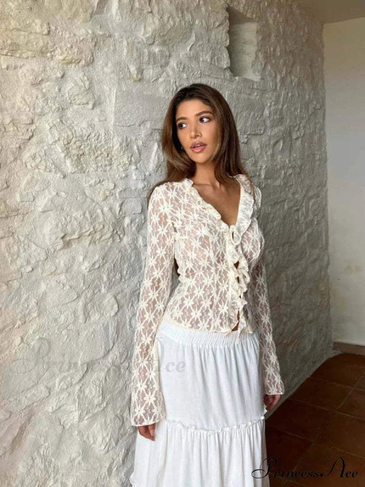 Hollow See-Through Mesh Long-Sleeved Lace Top/Cardigan/Blouse
