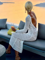 Hollow Out Backless Knitted Long Sleeve Lace Up Mix Midi Dress