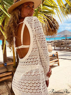 Hollow Out Backless Knitted Long Sleeve Lace Up Mix Midi Dress