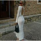 Hollow Out Backless Knitted Long Sleeve Lace Up Mix Midi Dress