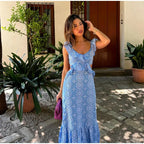 Hollow Out Embroidery Backless Ruffle Maxi Dress