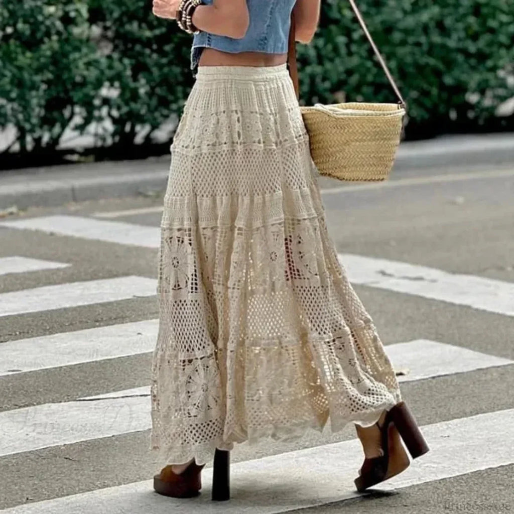 Hollow Out Maxi Skirt Solid Color A-Line Hook Romantic Holiday