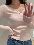 Hollow Out Pink Long Sleeve Slim Top Knit