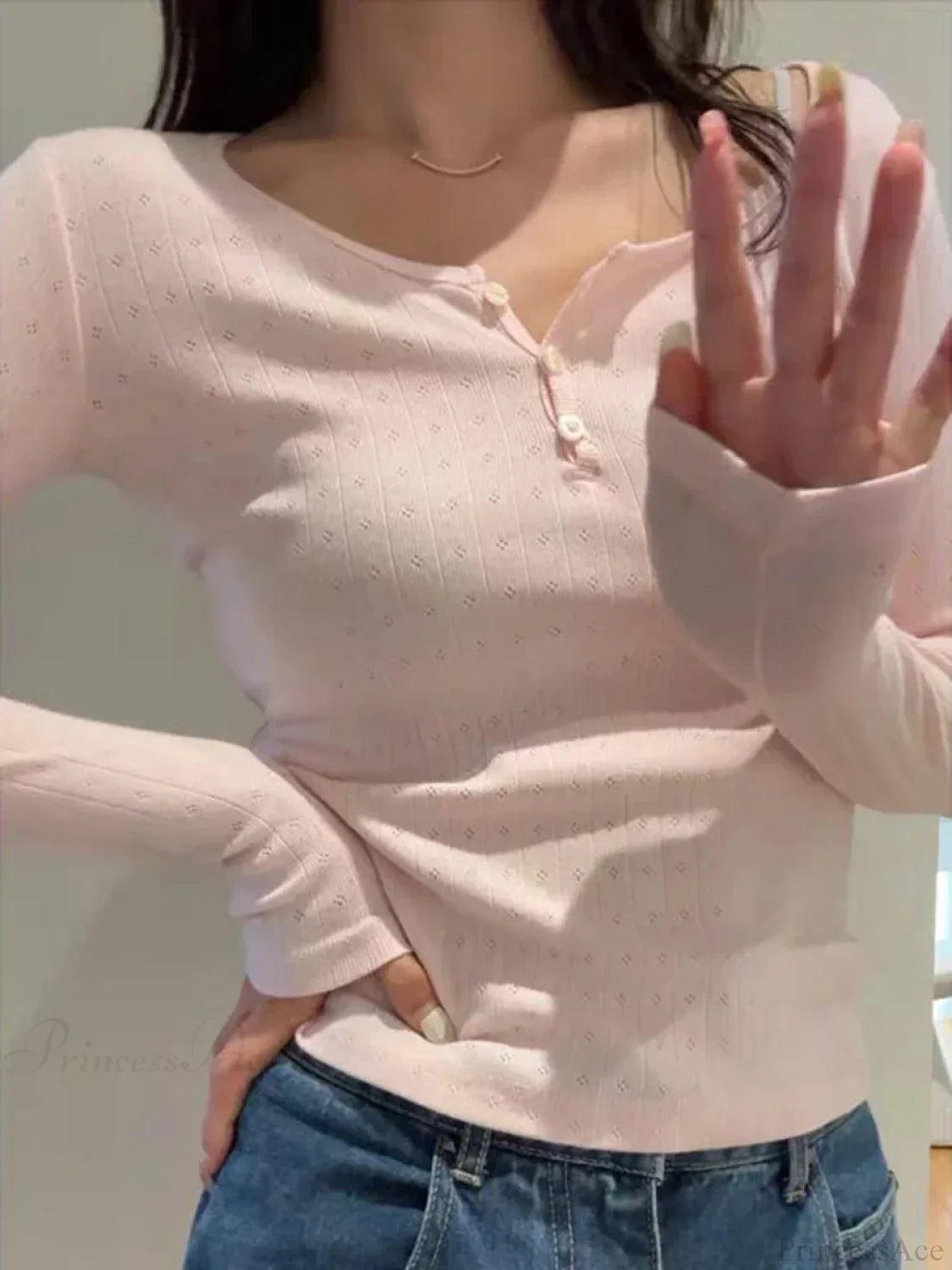 Hollow Out Pink Long Sleeve Slim Top Knit