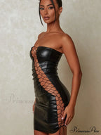 Hollow Out Pu Leather Strapless Sleeveless Bodycon Party Short Mini Dress
