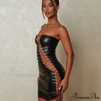 Hollow Out Pu Leather Strapless Sleeveless Bodycon Party Short Mini Dress