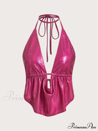 Icon Draped Front Backless Knot Hanky Hem Halter Top
