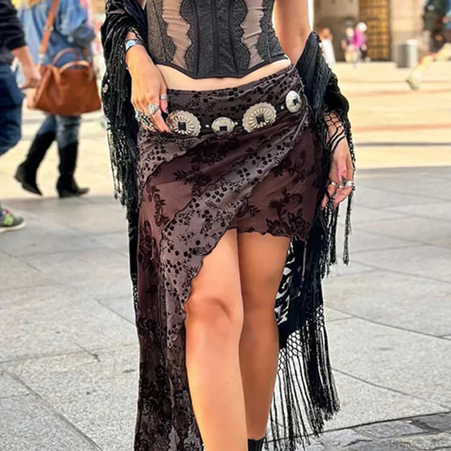 Irregular Printed Mesh Shirring Skirt Grunge Fairycore