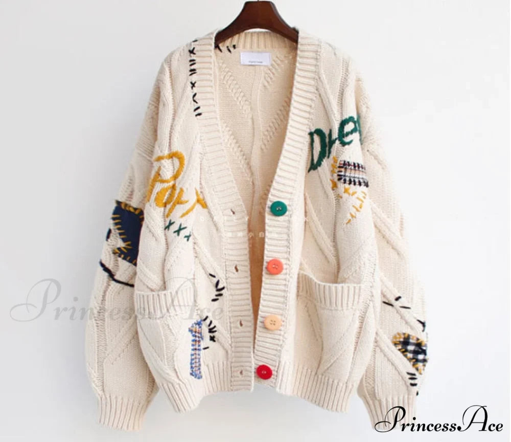 Jacket Loose Pocket Embroidery Knit Cardigan
