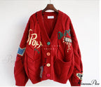 Jacket Loose Pocket Embroidery Knit Cardigan